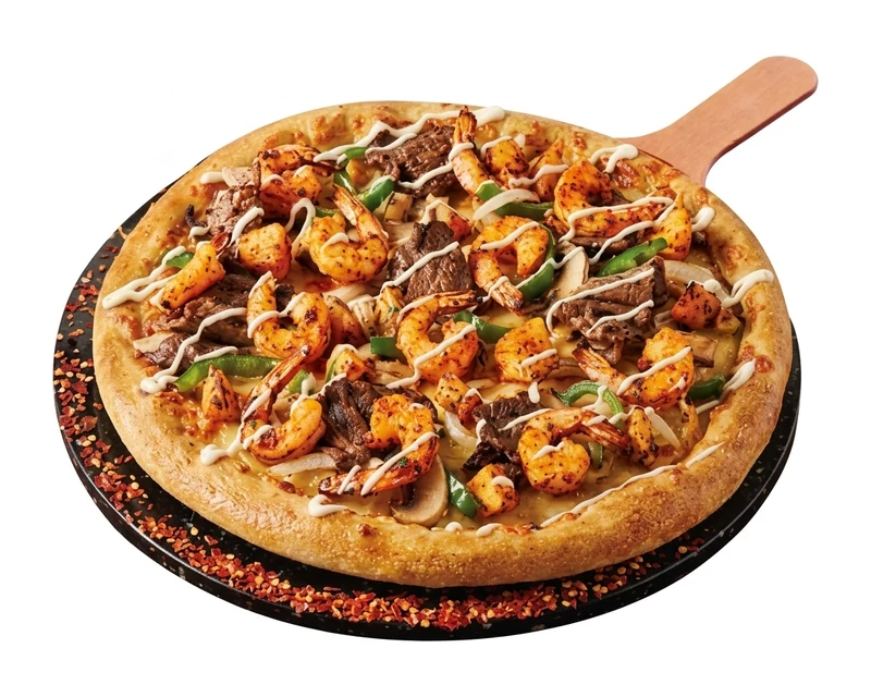 Shrimbul Pizza, a Korean surf 'n' turf pizza with shrimp and beef bulgogi at Pizza Maru & Katsuya, Calgary